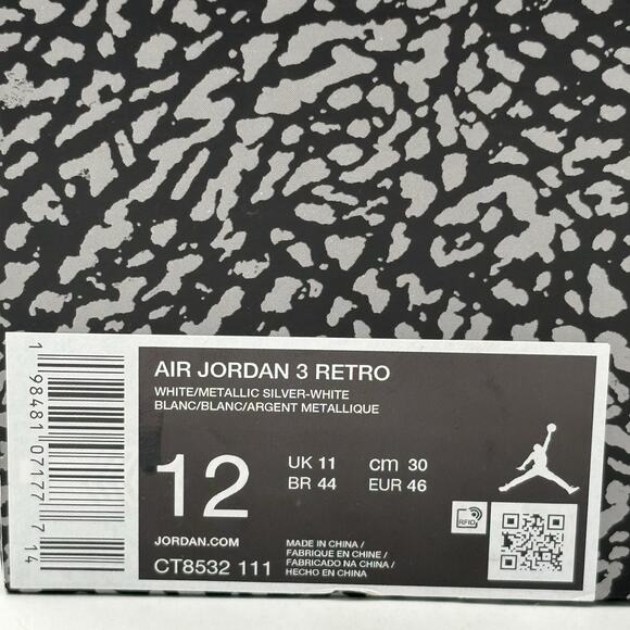 Nike Air Jordan 3 Retro White Silver Sneakers CT8532 111 Men Size 12 NEW main image 7